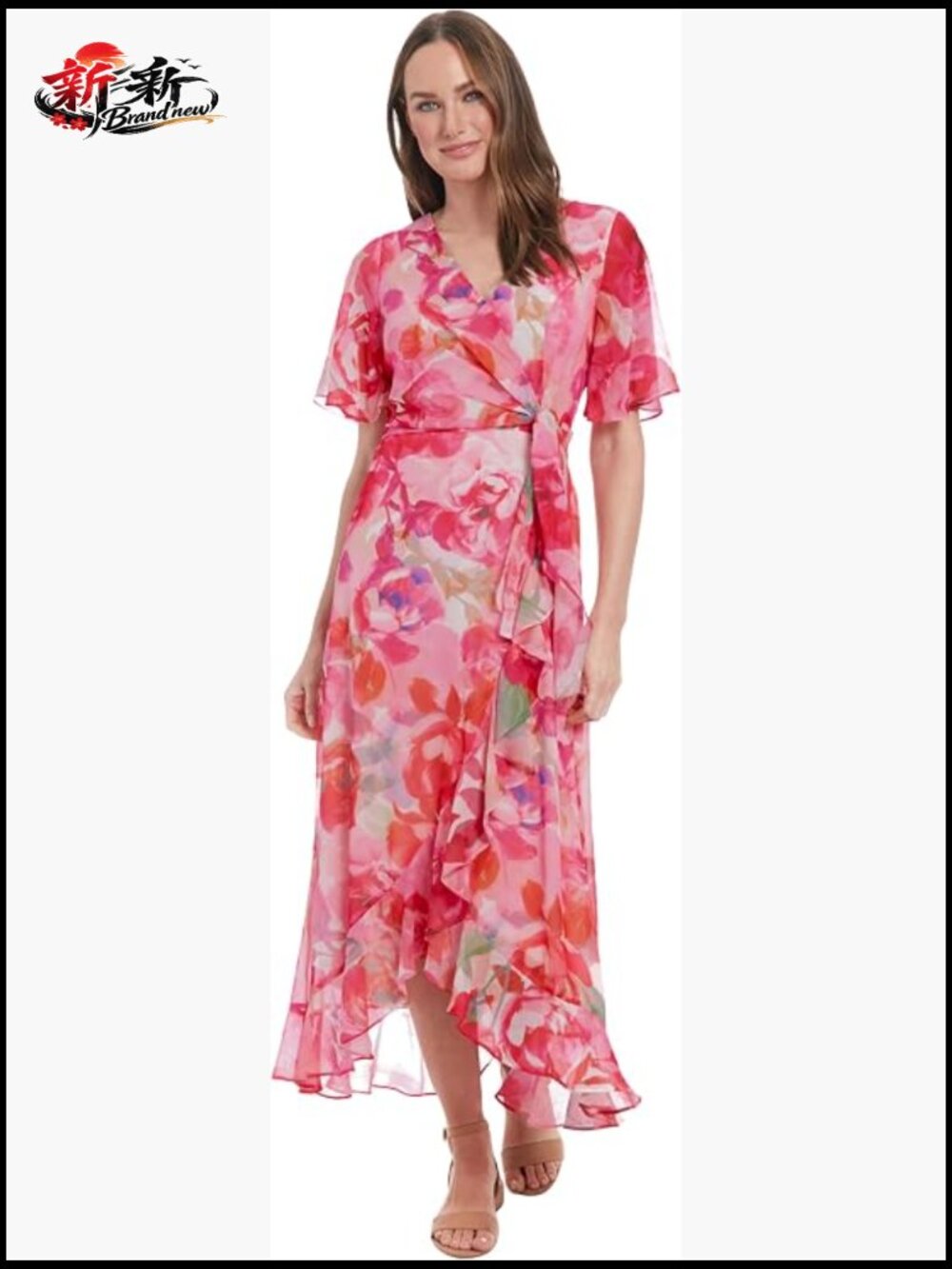 Watercolor Floral Wrap Maxi Dress - Chiffon Flutter Sleeve Asymmetrical Hem